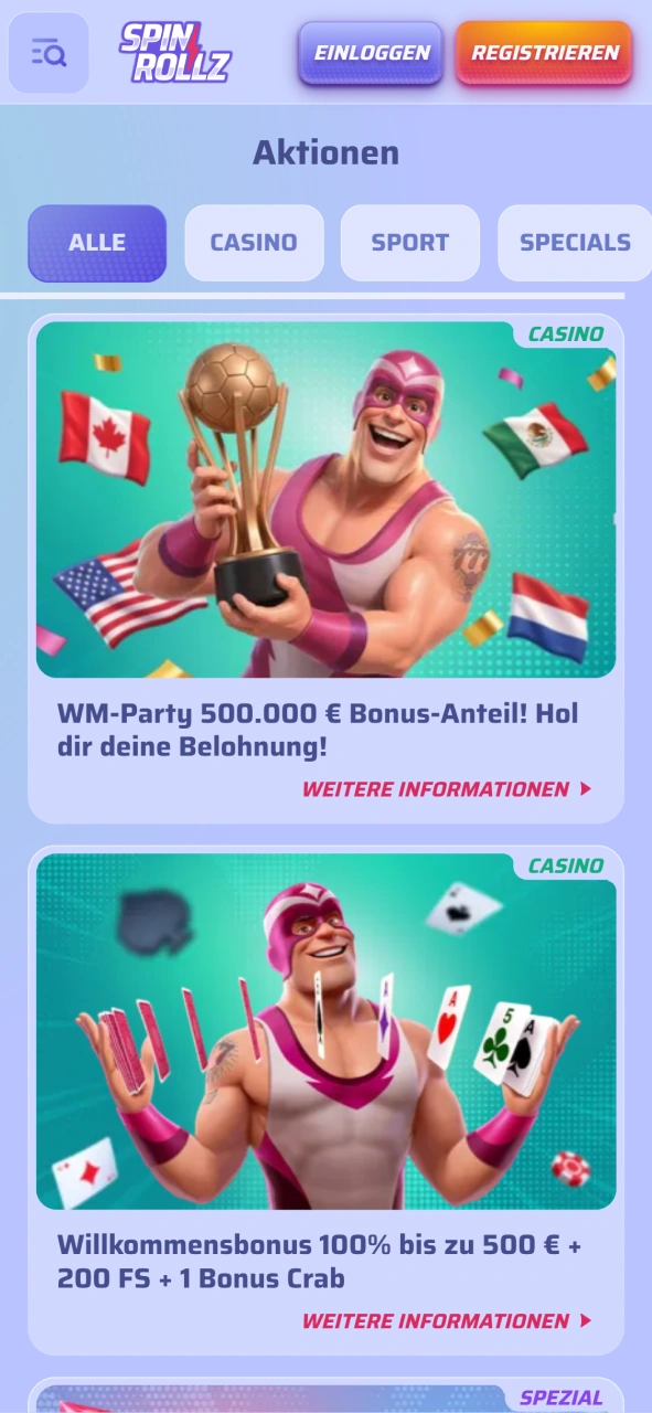 Screenshot der aktuellen Bonusangebote in der mobilen Spinrollz App.