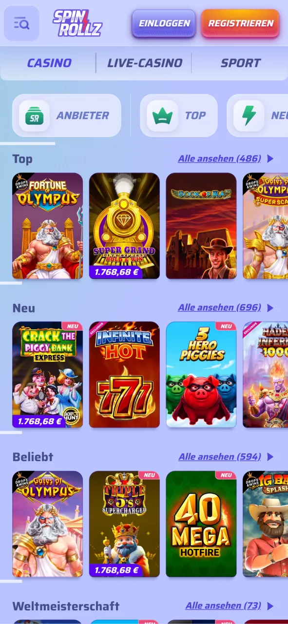 Screenshot der Casino-Spielelobby in der mobilen Spinrollz App.