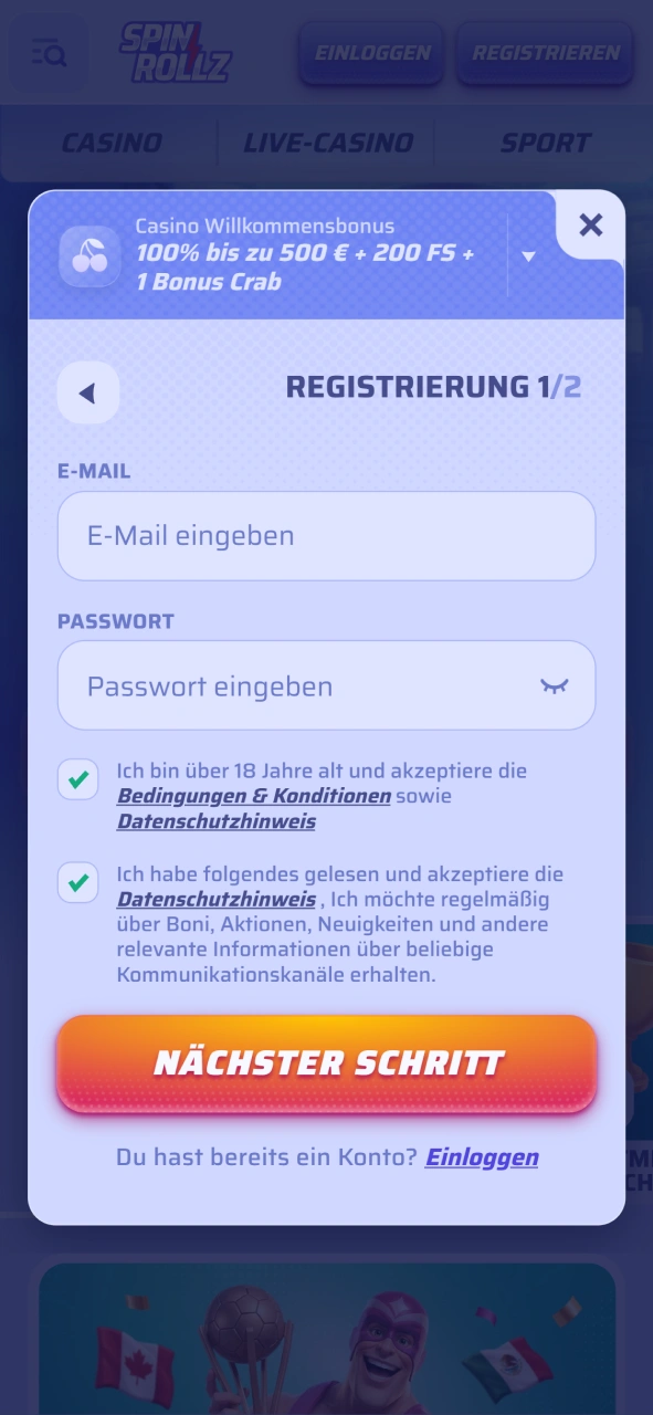 Screenshot des Registrierungsformulars in der mobilen Spinrollz App.
