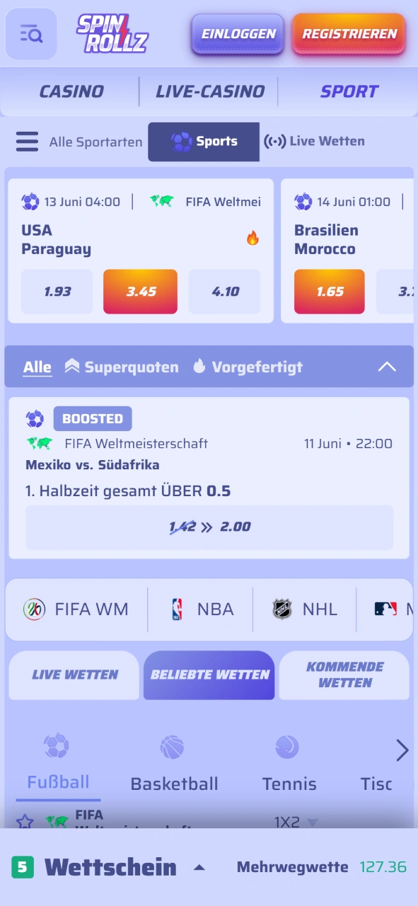 Screenshot des Sportwetten-Bereichs in der mobilen Spinrollz App.
