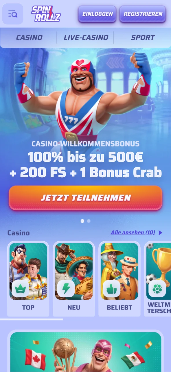 Screenshot der offiziellen Startseite in der mobilen Spinrollz App.