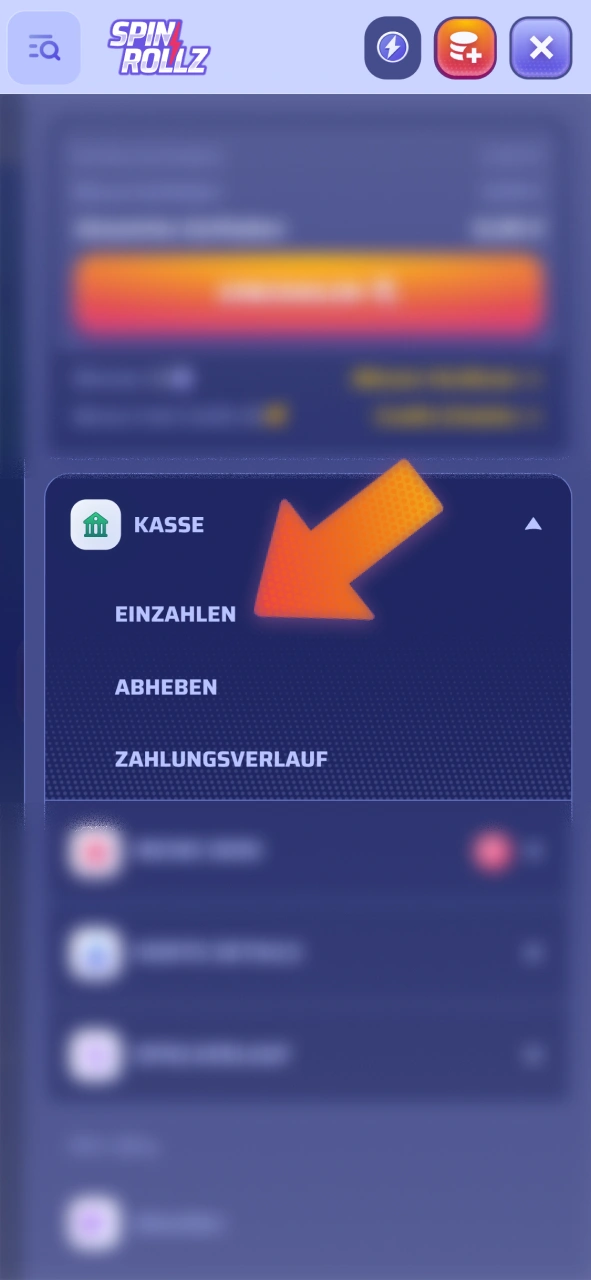 Öffnen Sie den Kassenbereich für Einzahlungen im Spinrollz Casino.