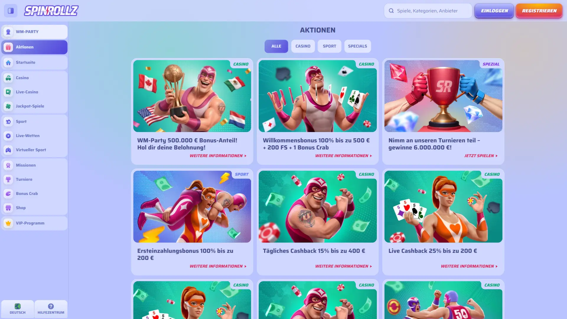 Screenshot der Bonusübersicht auf der Spinrollz Desktop-Webseite.
