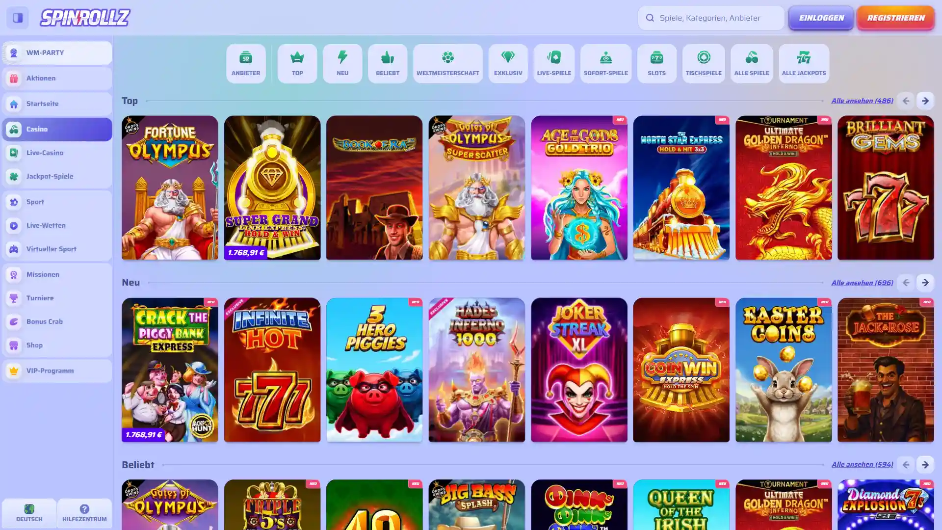 Screenshot der Casino-Startseite auf der Spinrollz Desktop-Webseite.