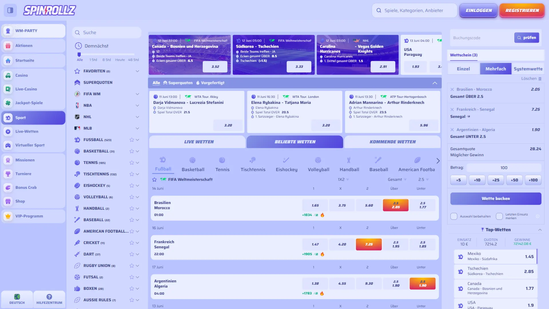 Screenshot des Sportwetten-Portals auf der Spinrollz Desktop-Webseite.