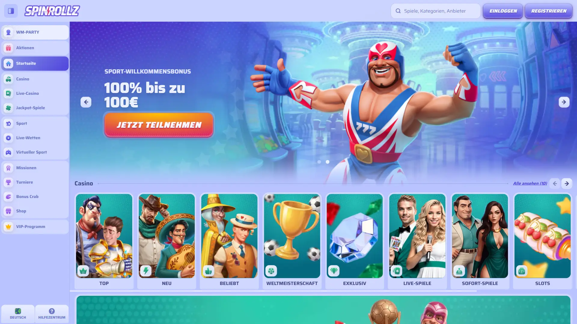 Screenshot der offiziellen Homepage auf der Spinrollz Desktop-Webseite.