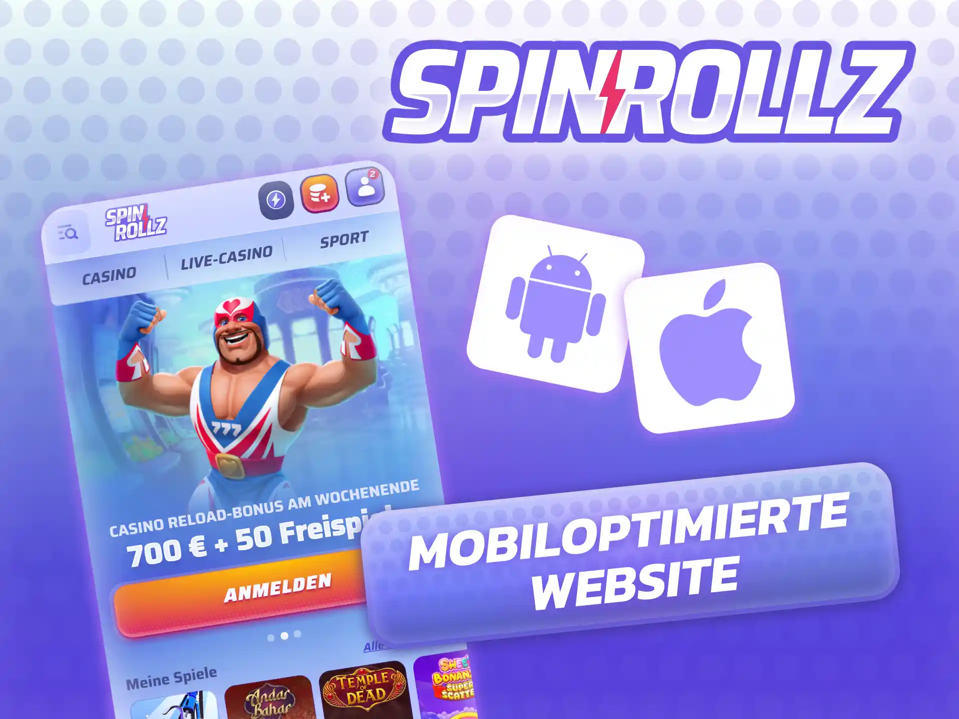 Spinrollz mobiloptimierte Website auf Smartphone – browserbasiert, kein Download, über 7.000 Spiele verfügbar.