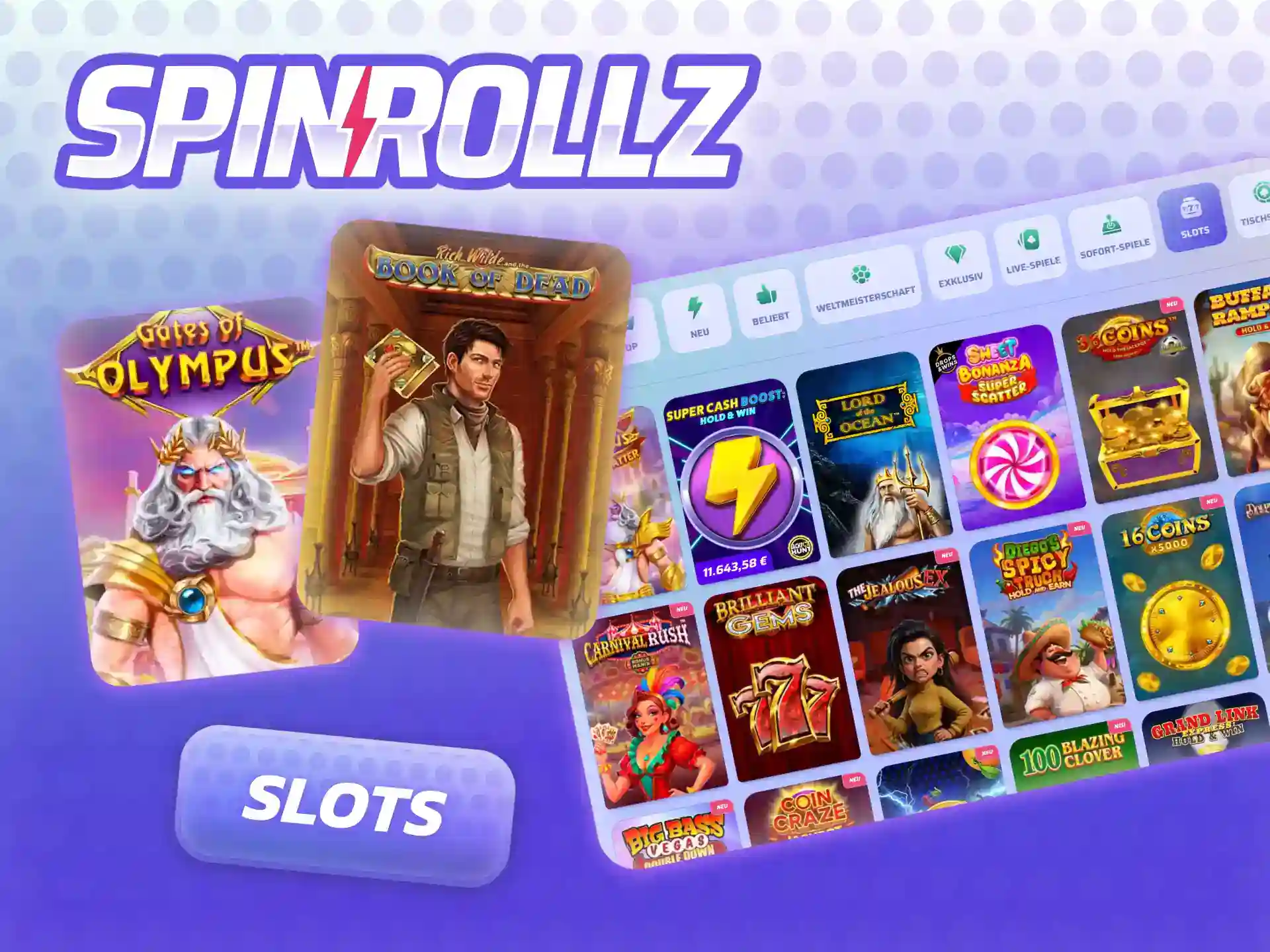 Spinrollz Slots – klassische Fruchtmaschinen, Megaways & Video-Slots mit Bonusrunden und RTP bis 97%.