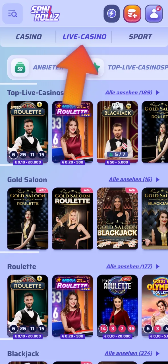 Rufen Sie den Live-Casino-Bereich auf der Spinrollz Plattform auf.