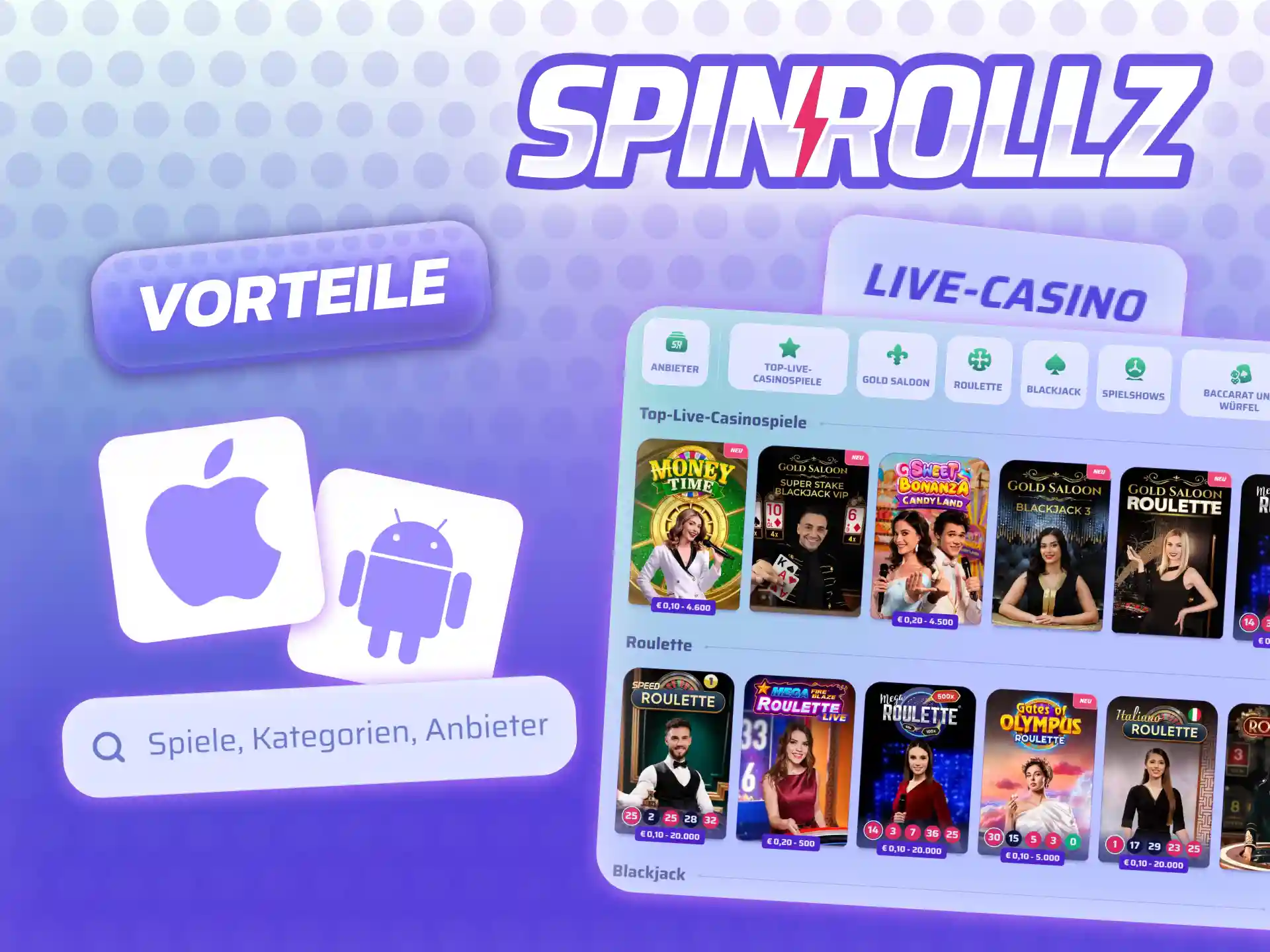 Spinrollz Live-Casino mit über 200 HD-Titeln von Evolution und Pragmatic Play, flexiblen Einsätzen, 24/7 verfügbar.