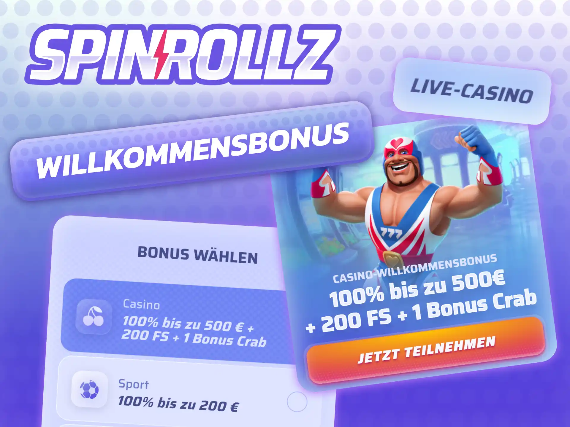 Spinrollz Casino Willkommensbonus: 100% bis 500 EUR plus 200 Freispiele für neue Spieler.