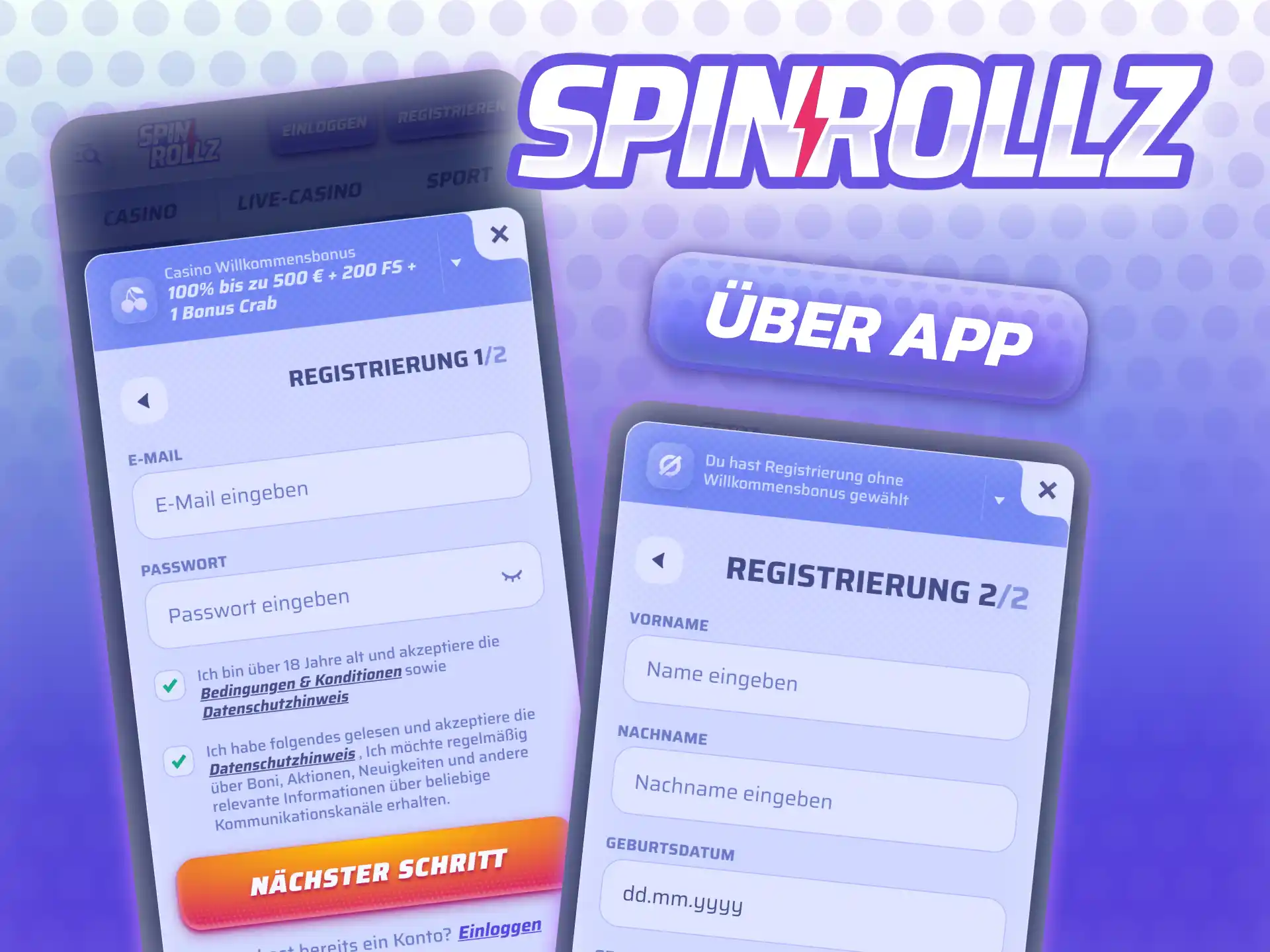 Spinrollz-App Registrierung auf dem Smartphone – Schritt-für-Schritt Kontoeröffnung per Touchscreen.