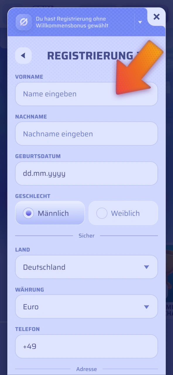 Tragen Sie Ihre persönlichen Daten in das Spinrollz Anmeldeformular ein.
