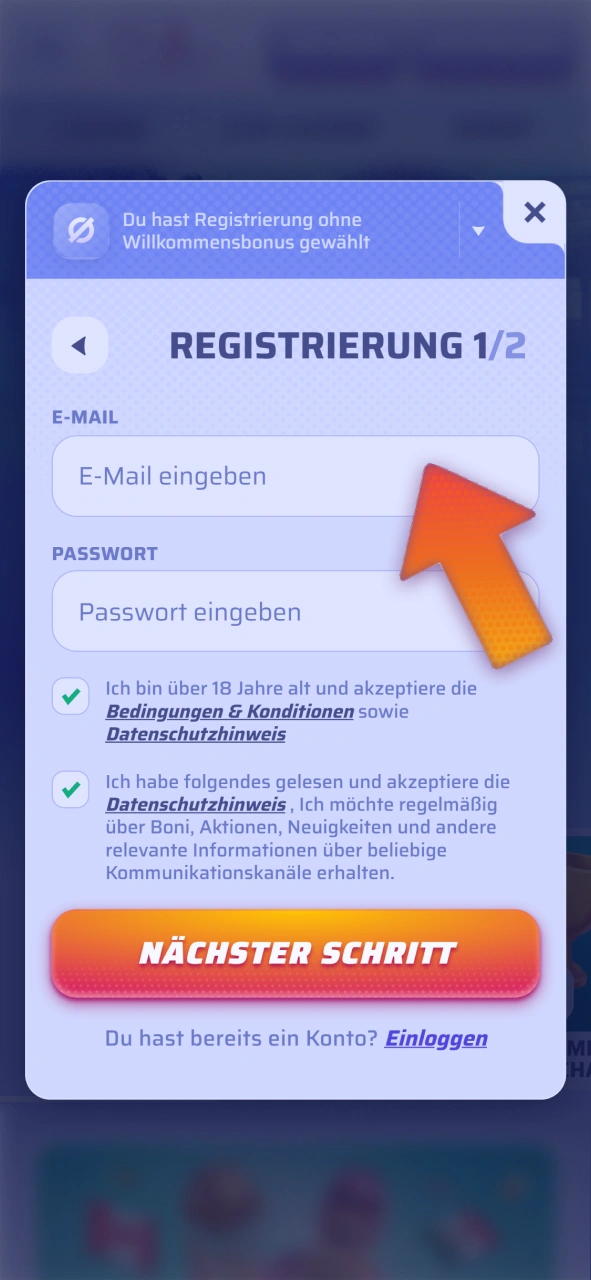 Wählen Sie die gewünschte Registrierungsmethode im Spinrollz Casino.