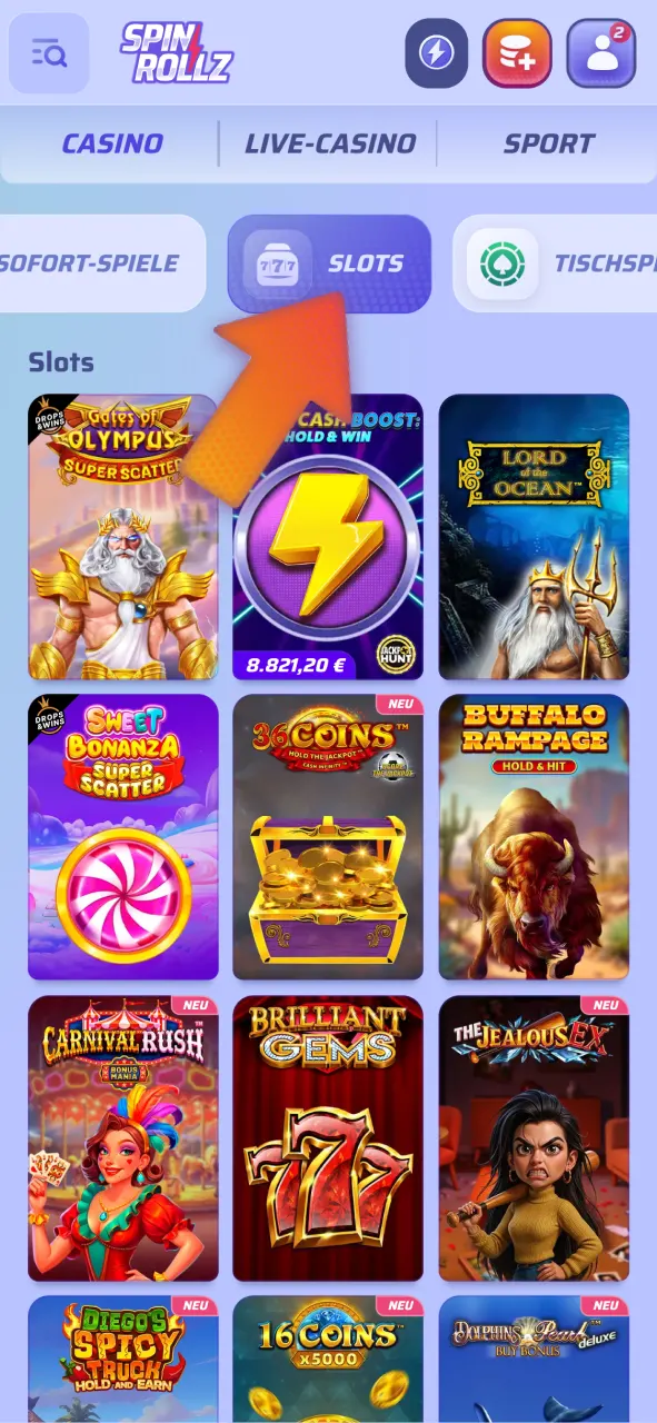 Öffnen Sie die Spielautomaten-Lobby im Online-Casino von Spinrollz.