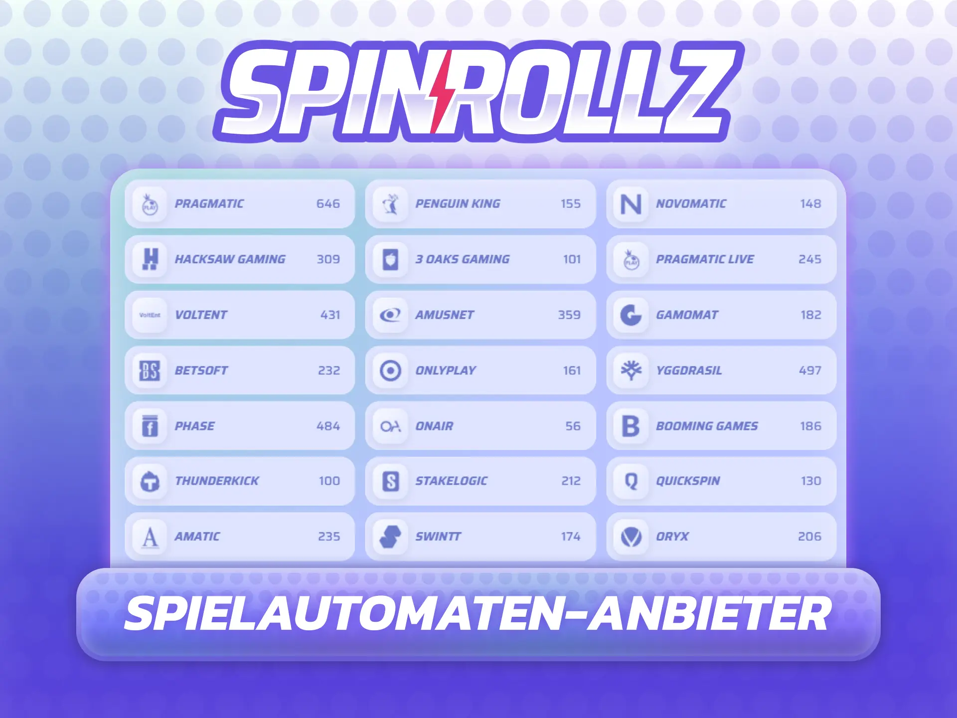 Spinrollz Spielautomaten-Anbieter: Logos von Pragmatic Play, NetEnt, Play'n GO und weiteren Top-Softwareentwicklern.
