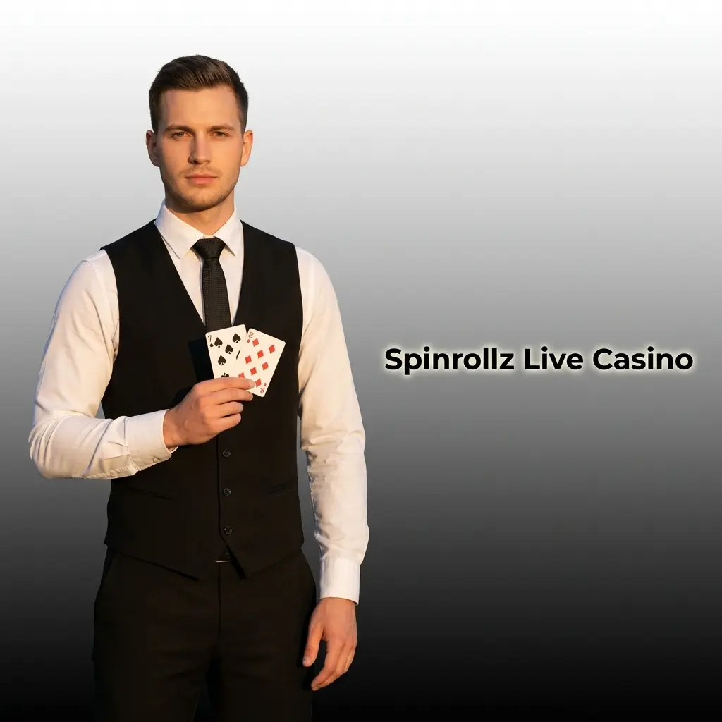 Spinrollz Live Casino mit Evolution-Dealer an einem gestreamten Tisch in Echtzeit-Atmosphäre