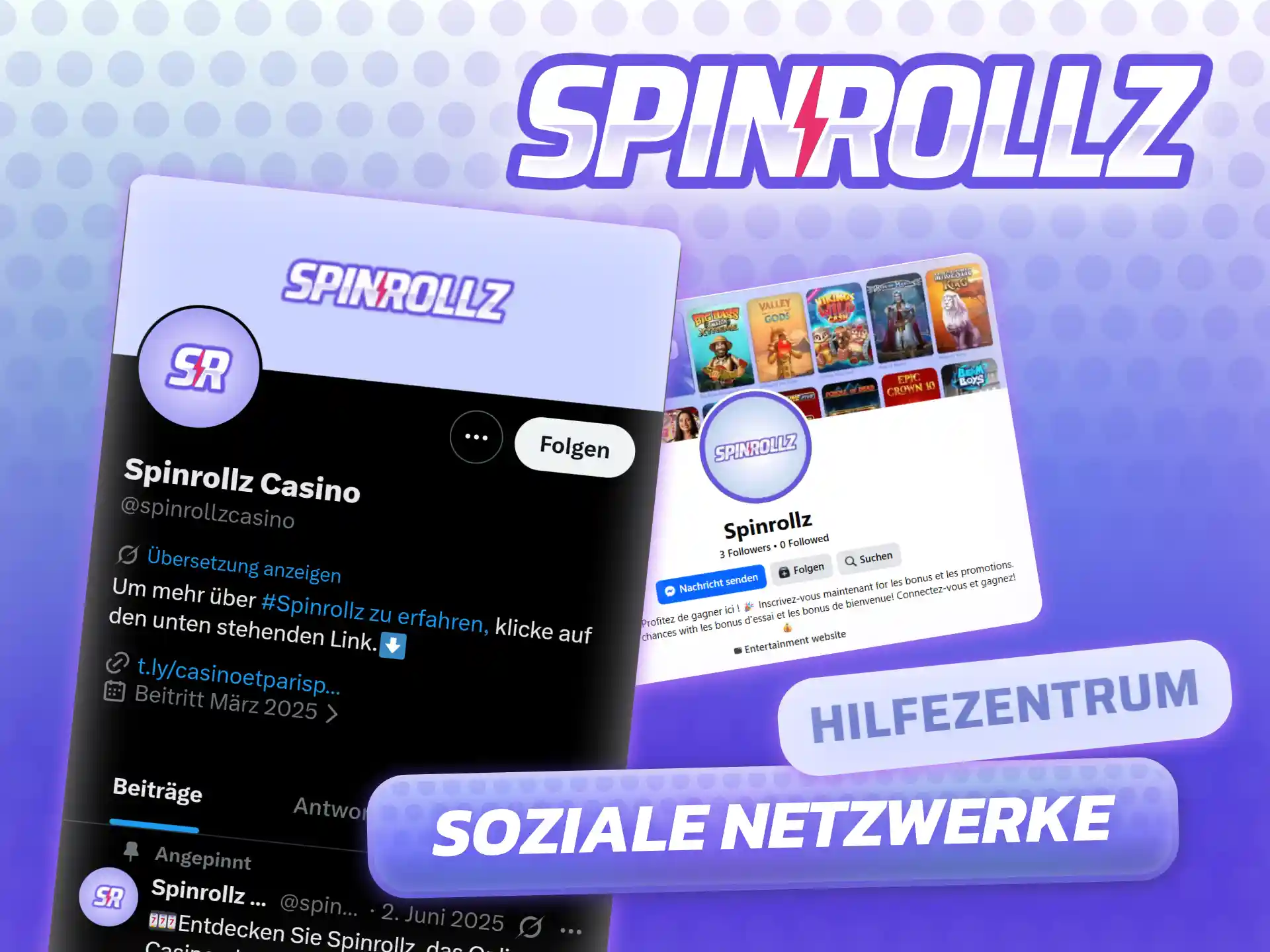 Spinrollz Social-Media-Präsenz auf Instagram und X für Support, Aktionen und allgemeine Anfragen.