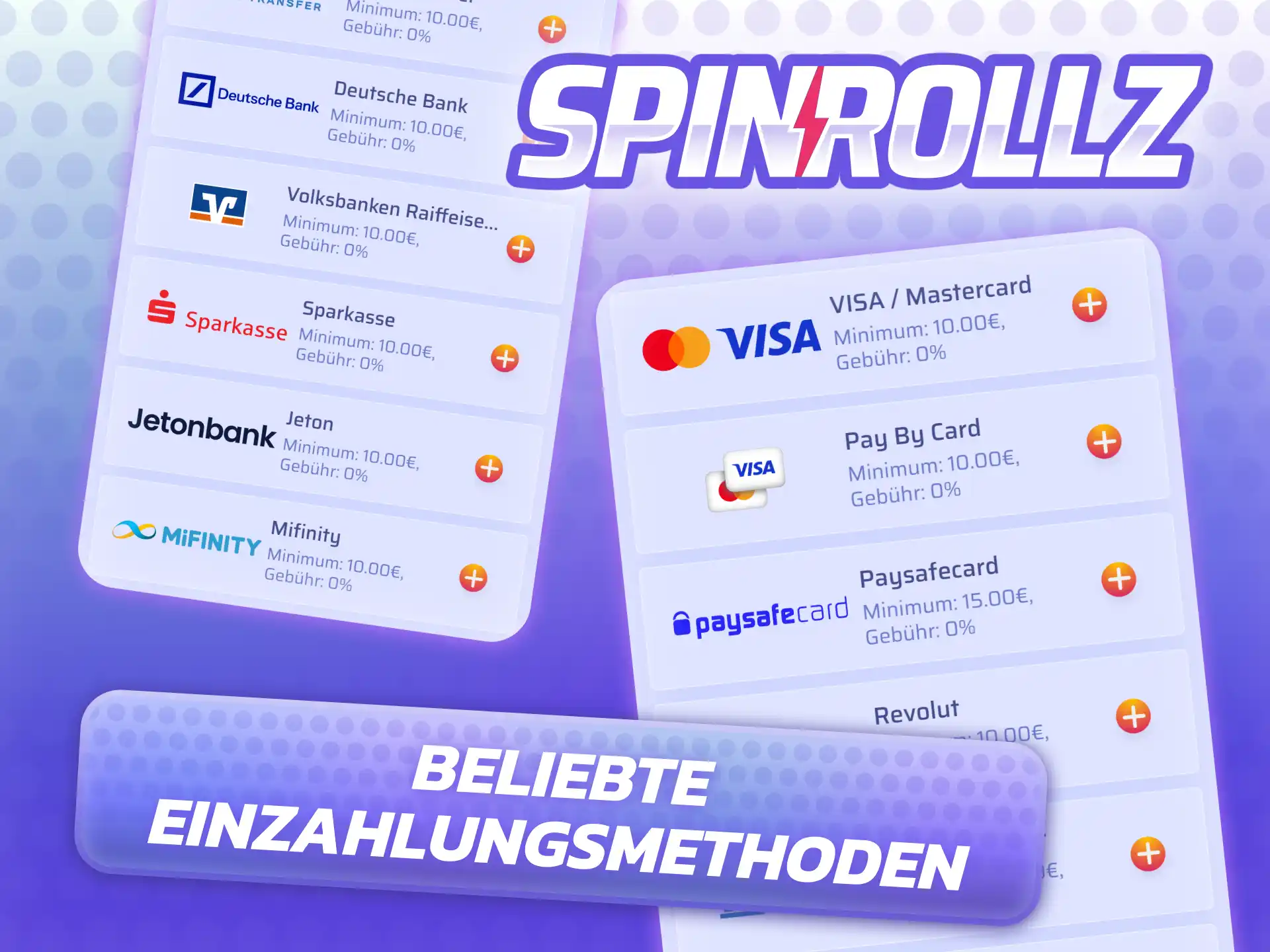 Spinrollz Einzahlungsmethoden: Mastercard, Jeton, MiFinity, Bitcoin, Ethereum und weitere Krypto-Optionen für deutsche Spieler.